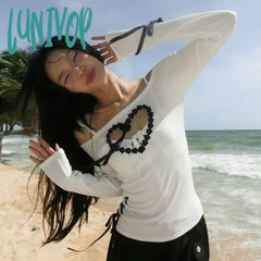Lunivop Y2K Aesthetic Heart Hollow Out Long Sleeve Tops Fairy Cute Patchwork Bandage Slash Neck