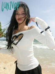 Lunivop Y2K Aesthetic Heart Hollow Out Long Sleeve Tops Fairy Cute Patchwork Bandage Slash Neck