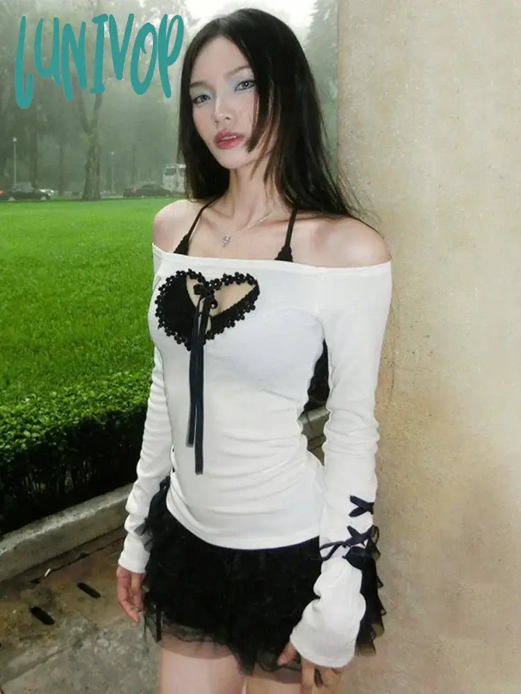 Lunivop Y2K Aesthetic Heart Hollow Out Long Sleeve Tops Fairy Cute Patchwork Bandage Slash Neck