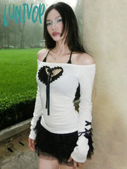 Lunivop Y2K Aesthetic Heart Hollow Out Long Sleeve Tops Fairy Cute Patchwork Bandage Slash Neck