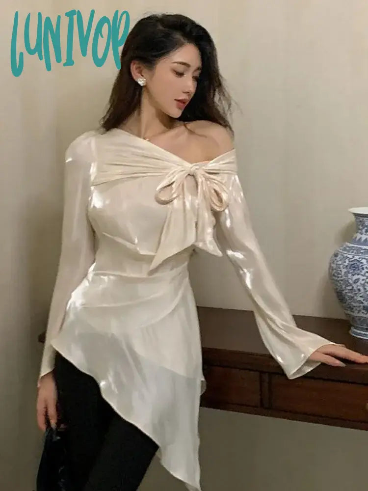 Lunivop Y2K Aesthetic Pleated Skew Collar Solid Women Blouse Sexy Slim Grunge Bandage Bow Shirt