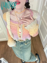 Lunivop Y2K Aesthetic Rainbow Cropped Cardigan Women Harajuku Vintage Hollow Out Knitted Sweater