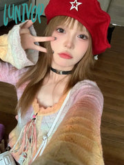 Lunivop Y2K Aesthetic Rainbow Cropped Cardigan Women Harajuku Vintage Hollow Out Knitted Sweater
