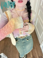 Lunivop Y2K Aesthetic Rainbow Cropped Cardigan Women Harajuku Vintage Hollow Out Knitted Sweater
