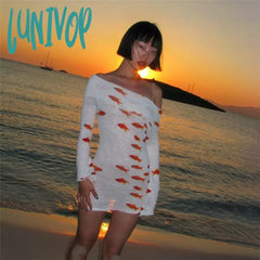 Lunivop Y2K Aesthetic Slash-Neck Goldfish Print Dress Elegant Off Shoulder Long Sleeve Dresses Sexy
