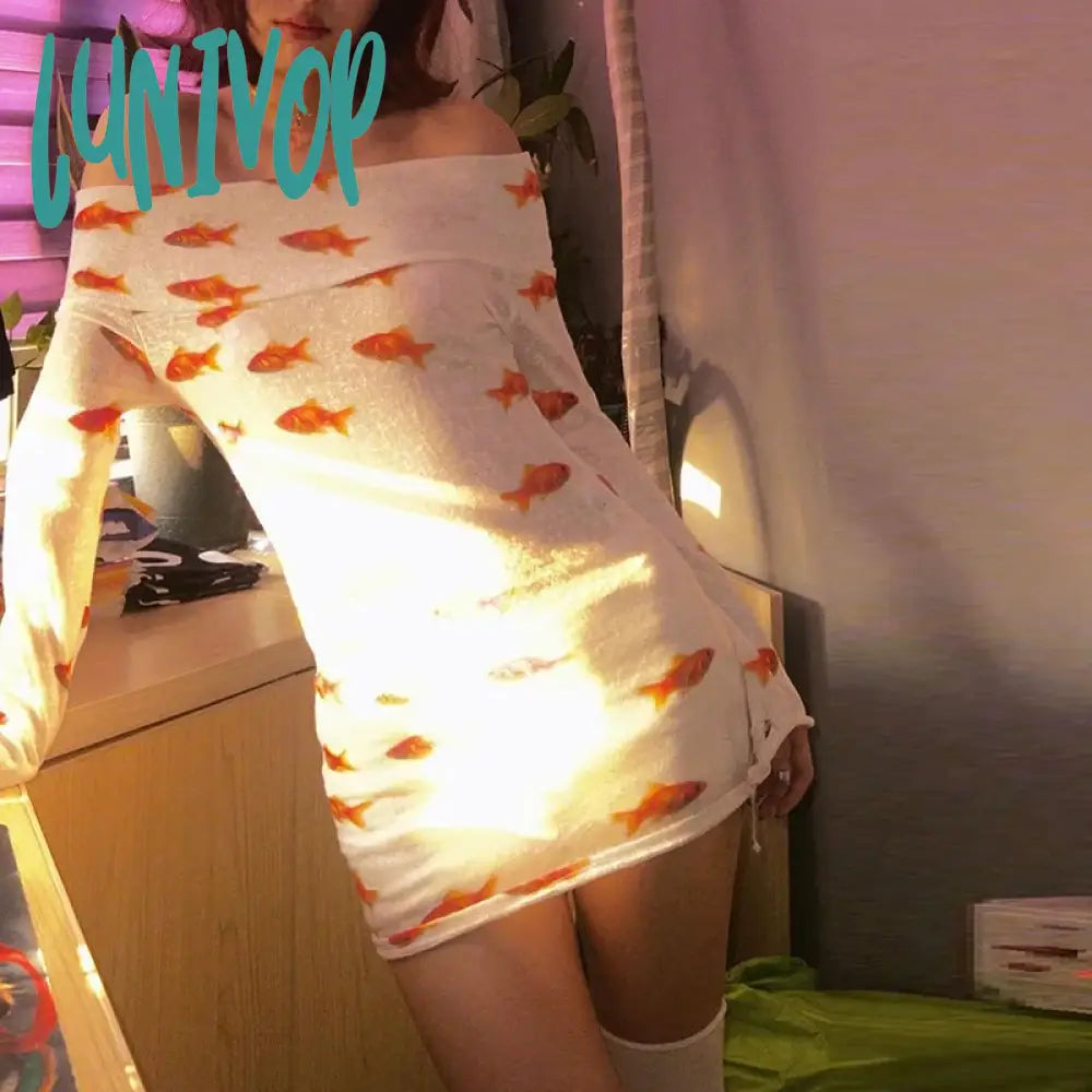 Lunivop Y2K Aesthetic Slash-Neck Goldfish Print Dress Elegant Off Shoulder Long Sleeve Dresses Sexy