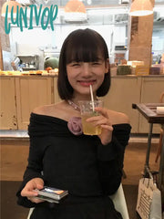 Lunivop Y2K Aesthetic Streetwear Fashion Women T-Shirt Stand Neck Off Shoulder Long Sleeve Tshirts