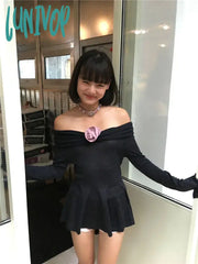 Lunivop Y2K Aesthetic Streetwear Fashion Women T-Shirt Stand Neck Off Shoulder Long Sleeve Tshirts