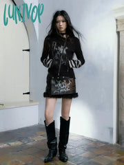Lunivop Y2K Aesthetic Streetwear Gothic Tee Women Harajuku Print Zipper T-Shirt Vintage Slim Grunge