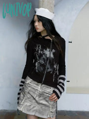 Lunivop Y2K Aesthetic Streetwear Gothic Tee Women Harajuku Print Zipper T-Shirt Vintage Slim Grunge