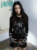 Lunivop Y2K Aesthetic Streetwear Gothic Tee Women Harajuku Print Zipper T-Shirt Vintage Slim Grunge