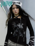 Lunivop Y2K Aesthetic Streetwear Gothic Tee Women Harajuku Print Zipper T-Shirt Vintage Slim Grunge