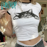 Lunivop Y2k Aesthetic Streetwear T Shirts 2024 Summer Contrast Cat Print O-neck T-shirt Women Graphic Cute Sexy Crop Tops Tees Harajuku