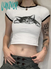 Lunivop Y2K Aesthetic Streetwear T Shirts 2024 Summer Contrast Cat Print O-Neck T-Shirt Women
