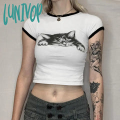 Lunivop Y2K Aesthetic Streetwear T Shirts 2024 Summer Contrast Cat Print O-Neck T-Shirt Women