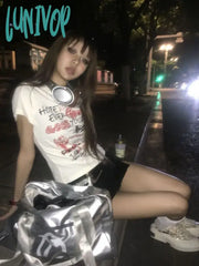 Lunivop Y2K Aesthetic Streetwear T Shirts Women American Retro Harajuku Graphic Print Hip Hop Slim