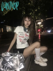 Lunivop Y2K Aesthetic Streetwear T Shirts Women American Retro Harajuku Graphic Print Hip Hop Slim