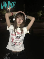 Lunivop Y2K Aesthetic Streetwear T Shirts Women American Retro Harajuku Graphic Print Hip Hop Slim