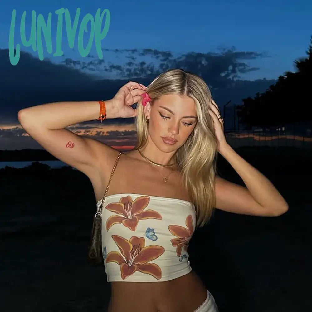 Lunivop Y2K Aesthetic Women Floral Bow Print Tube Top Fairy Grunge Sleeveless Off Shoulder Wrap