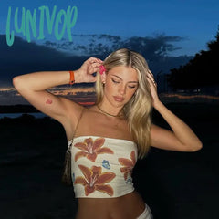 Lunivop Y2K Aesthetic Women Floral Bow Print Tube Top Fairy Grunge Sleeveless Off Shoulder Wrap