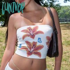 Lunivop Y2K Aesthetic Women Floral Bow Print Tube Top Fairy Grunge Sleeveless Off Shoulder Wrap