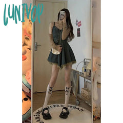 Lunivop Y2K Belt Denim Mini Dress Women Vintage Irregular Tassel Spaghetti Strap Jeans Dresses