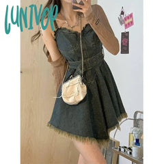 Lunivop Y2K Belt Denim Mini Dress Women Vintage Irregular Tassel Spaghetti Strap Jeans Dresses