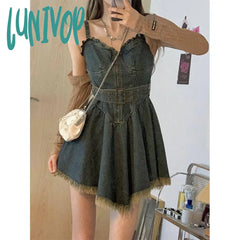 Lunivop Y2K Belt Denim Mini Dress Women Vintage Irregular Tassel Spaghetti Strap Jeans Dresses