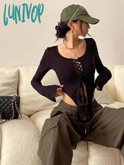 Lunivop Y2K Black Crop T Shirts Women Grunge Bandage Sexy Aesthetic Tops Female Kpop Long Sleeve
