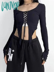 Lunivop Y2K Black Crop T Shirts Women Grunge Bandage Sexy Aesthetic Tops Female Kpop Long Sleeve