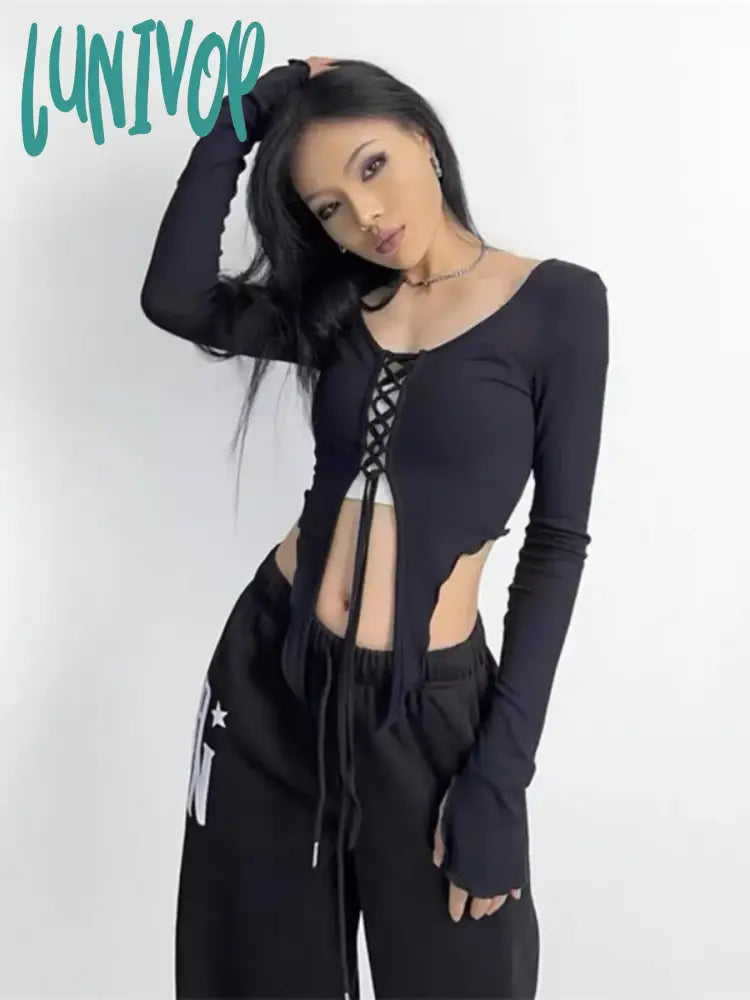 Lunivop Y2K Black Crop T Shirts Women Grunge Bandage Sexy Aesthetic Tops Female Kpop Long Sleeve