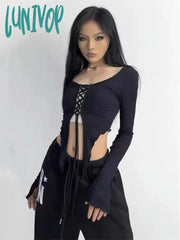 Lunivop Y2K Black Crop T Shirts Women Grunge Bandage Sexy Aesthetic Tops Female Kpop Long Sleeve