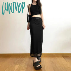Lunivop Y2K Black Long Skirts Women Harajuku Sexy Mesh Patchwork Wrap Skirt Summer Gothic Korean