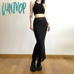 Lunivop Y2K Black Long Skirts Women Harajuku Sexy Mesh Patchwork Wrap Skirt Summer Gothic Korean