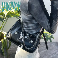 Lunivop Y2K Black Shoulder Bag Skull Butterfly Applique Rivets Heart Chain Handbag American Style