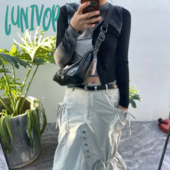 Lunivop Y2K Black Shoulder Bag Skull Butterfly Applique Rivets Heart Chain Handbag American Style