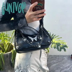 Lunivop Y2K Black Shoulder Bag Skull Butterfly Applique Rivets Heart Chain Handbag American Style