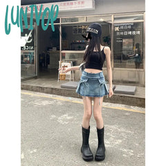 Lunivop Y2K Bow Denim Mini Skirt Women Vintage Belt Cargo Skirts Summer 2000S Streetwear Korean