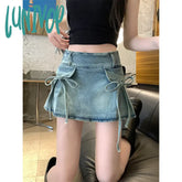 Lunivop Y2K Bow Denim Mini Skirt Women Vintage Belt Cargo Skirts Summer 2000S Streetwear Korean