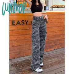 Lunivop Y2K Camouflage Cargo Jeans Women Streetwear Wide Leg Denim Pants Vintage Korean High Waist