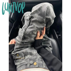 Lunivop Y2K Camouflage Cargo Jeans Women Streetwear Wide Leg Denim Pants Vintage Korean High Waist