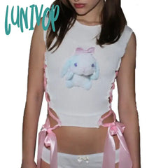 Lunivop Y2K Cartoon White Graphic Tees Tank Tops For Women Cute Summer Clothes Ribbons Tie Up
