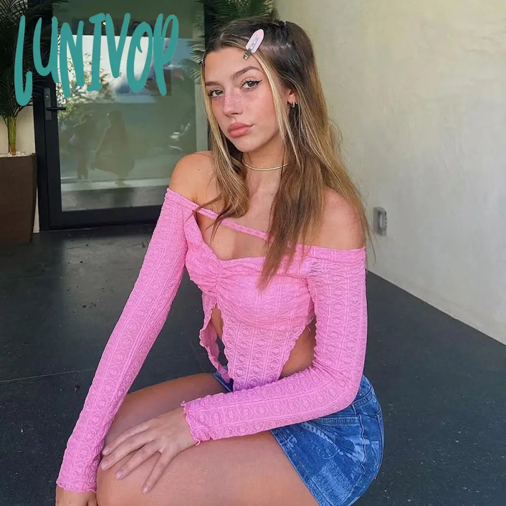 Lunivop Y2K Crop Top Long Sleeve Off The Shoulder Irregular Cut Out Cute Pink Lace T-Shirts