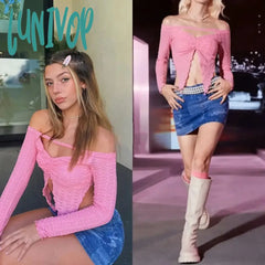 Lunivop Y2K Crop Top Long Sleeve Off The Shoulder Irregular Cut Out Cute Pink Lace T-Shirts