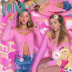 Lunivop Y2K Crop Top Long Sleeve Off The Shoulder Irregular Cut Out Cute Pink Lace T-Shirts