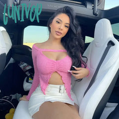 Lunivop Y2K Crop Top Long Sleeve Off The Shoulder Irregular Cut Out Cute Pink Lace T-Shirts