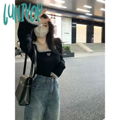 Lunivop Y2K Cropped Knitted Pullovers Women Square Collar Patchwork Sweater Korean Elegant Slim