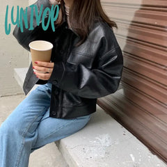 Lunivop Y2K Cropped Pu Leather Jacket Women Streetwear Black Motorcycle Coat Bf Harajuku Vintage