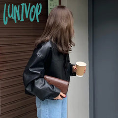 Lunivop Y2K Cropped Pu Leather Jacket Women Streetwear Black Motorcycle Coat Bf Harajuku Vintage
