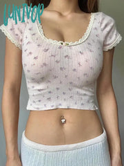 Lunivop Y2K Cute Floral T-Shirts Women Summer Short Sleeve Lace Trim O-Neck Crop Tops Tee For Sweet